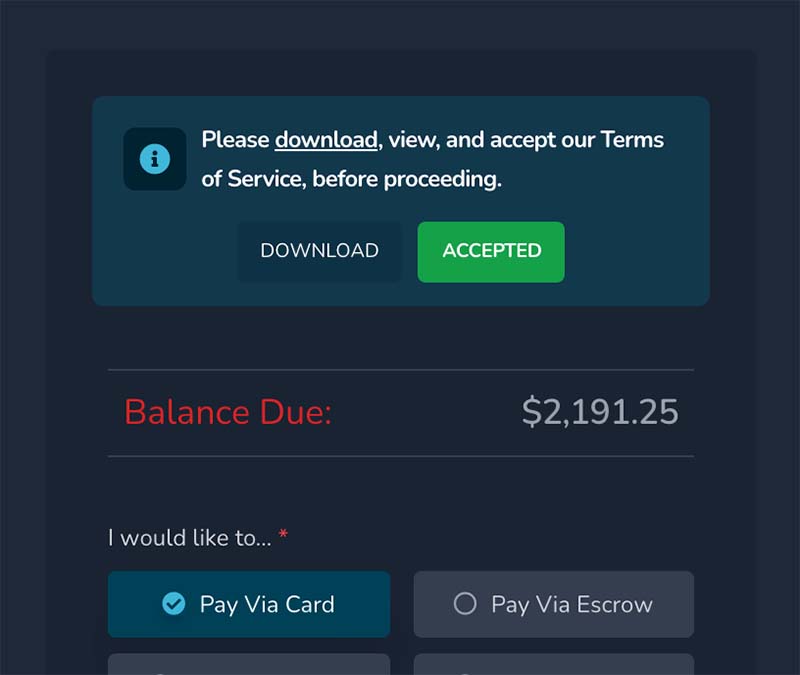 A screenshot of the payments screen