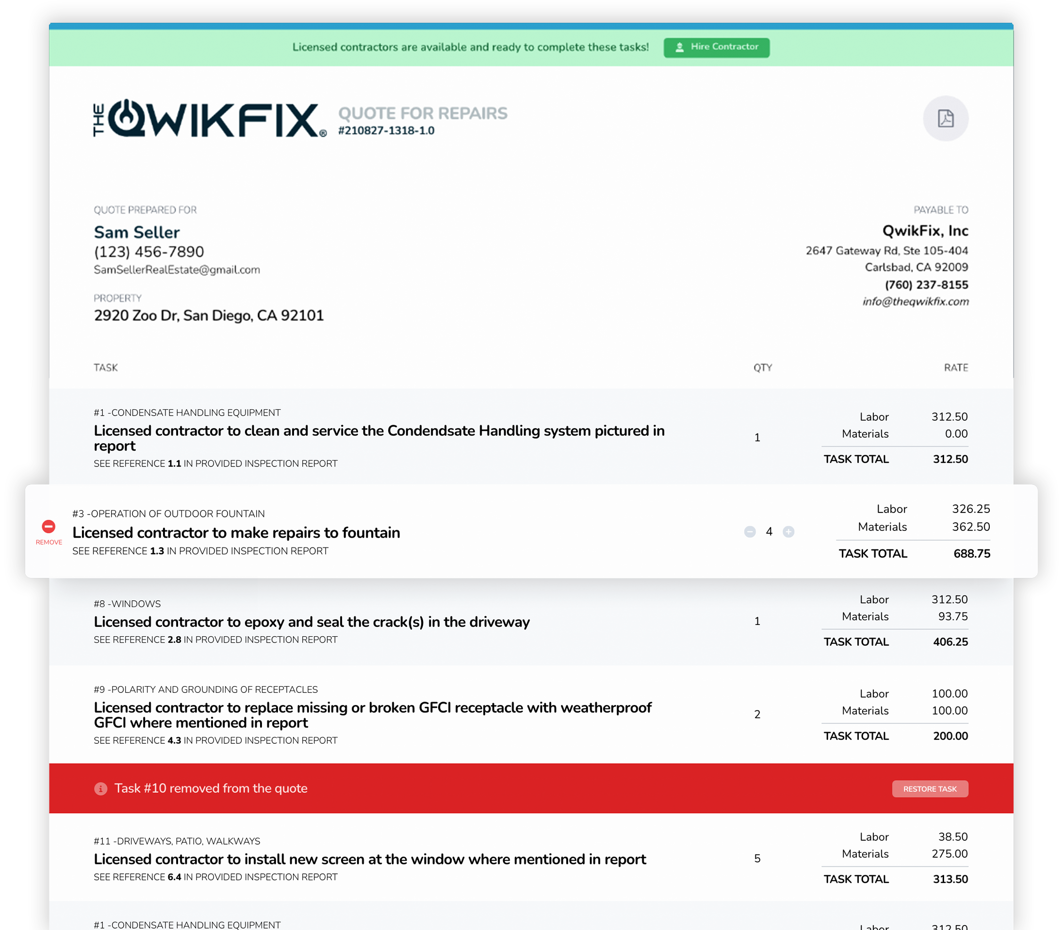 An image of three browsers showing differing screens of TheQwikFix software, with a quote shown in front