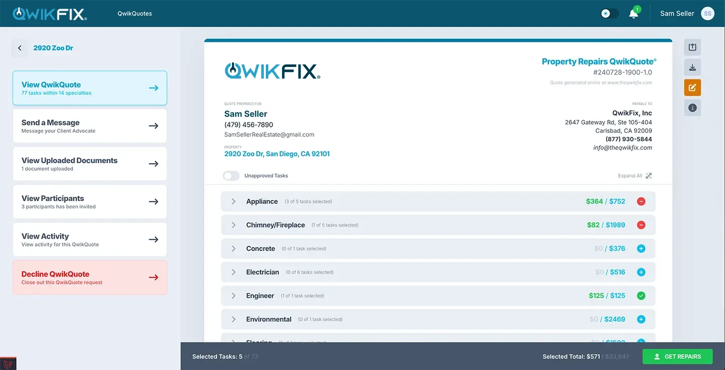 A QwikFix repair quote built from an inspection report